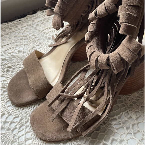Taupe suede fringe sandals. Purchased from Free People. - Picture 1 of 6